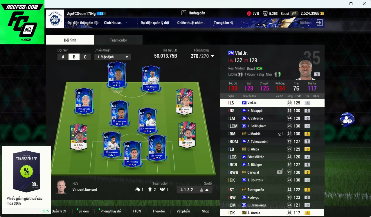Real Madrid 24UCL 56.010b dư 2500b có Militao+7, Vini, Mbappé, Courtois, Tchouaméni +7, Valverde+6, Bellingham, Rudiger +6, Rodrygo+6 vs Modric, Alaba, Carvajal, Butra BTB